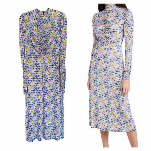 TANYA TAYLOR Zoe Dress Multicolor Ruched Slinky Silk Jersey in Blue Haze Print M - Picture 3 of 14